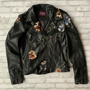 Faux Leather Moto Flower Embroidered Jacket